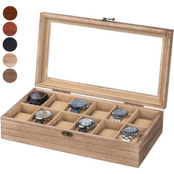 Watch Box, Watch Case for Men Women with Large Glass Lid, Wooden Watch Display - Picture 1 of 6